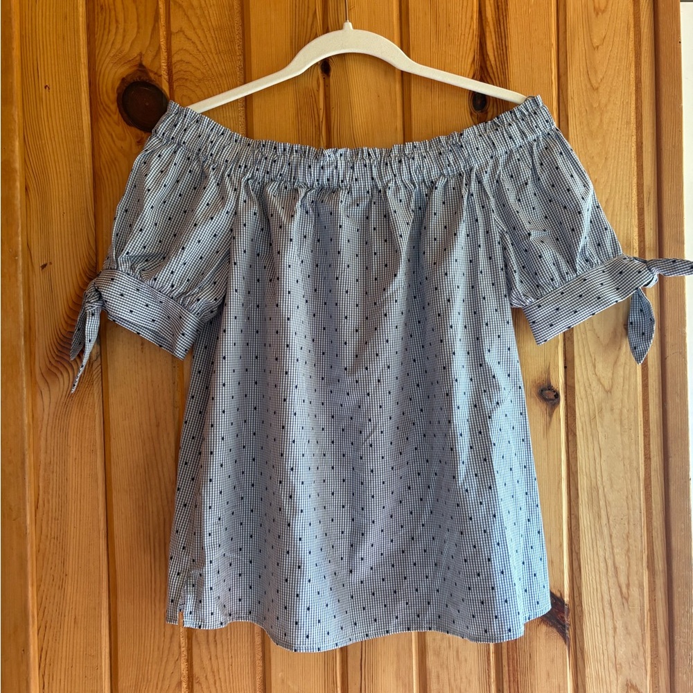 Blue Gingham and Polka Dot Off-Shoulder Top